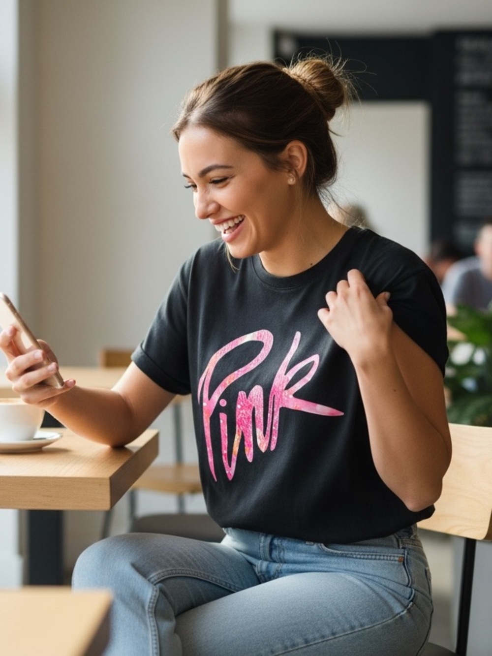 Black Graphic Tee with Pink Script Logo XL